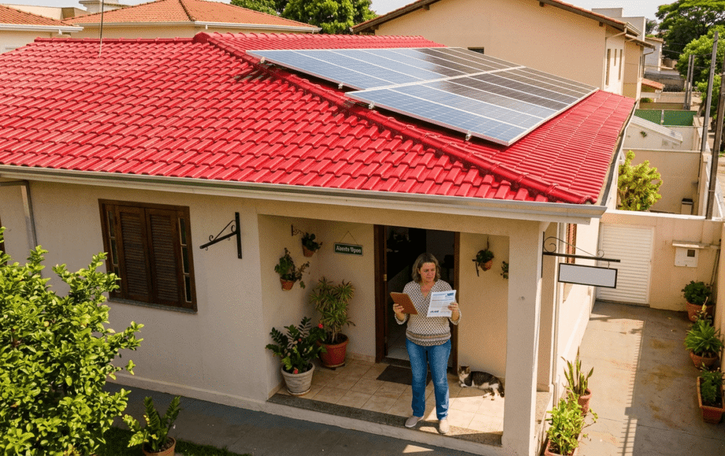 Sugestão de imagem de capa Uma residência ou pequeno comércio com painéis solares instalados no telhado, enquanto uma pessoa observa uma conta de energia elétrica ou analisa despesas em um tablet. A composição deve transmitir a relação entre aumento tarifário e economia proporcionada pela energia solar.