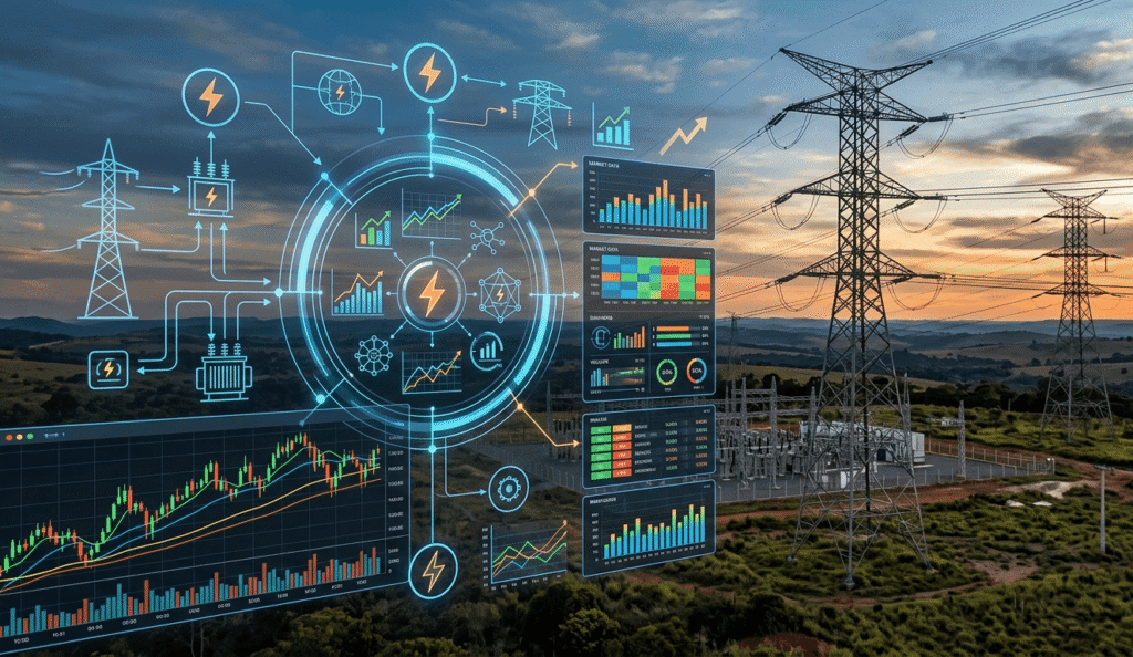 Representação do mercado livre de energia com linhas de transmissão, gráficos financeiros e monitoramento regulatório da ANEEL.