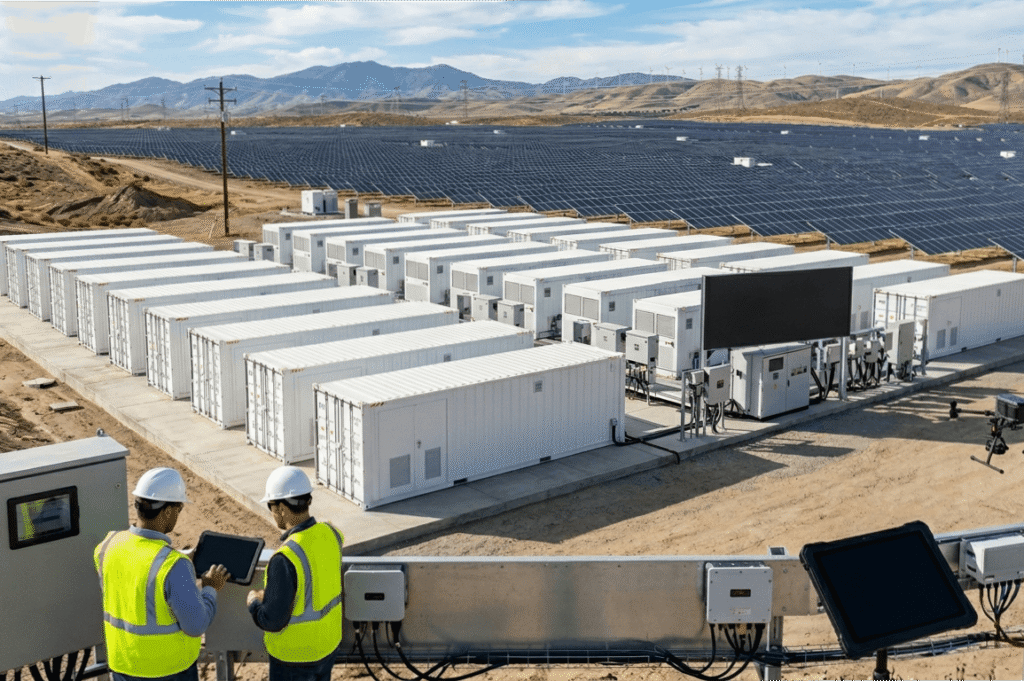 Sistema de energia solar com baterias instalado ao lado de usina fotovoltaica.